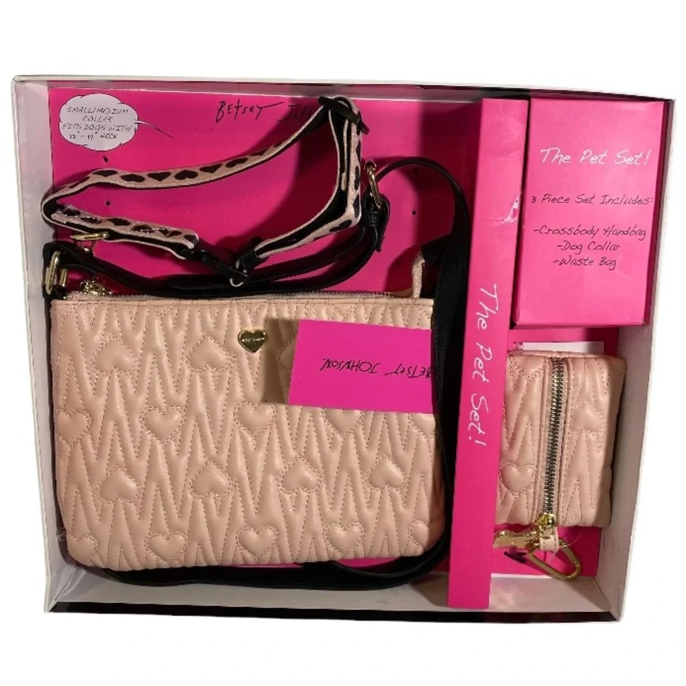 Betsey Johnson Pet Set Pale Pink Heart Crossbody Bag Waste Bag and Dog Collar